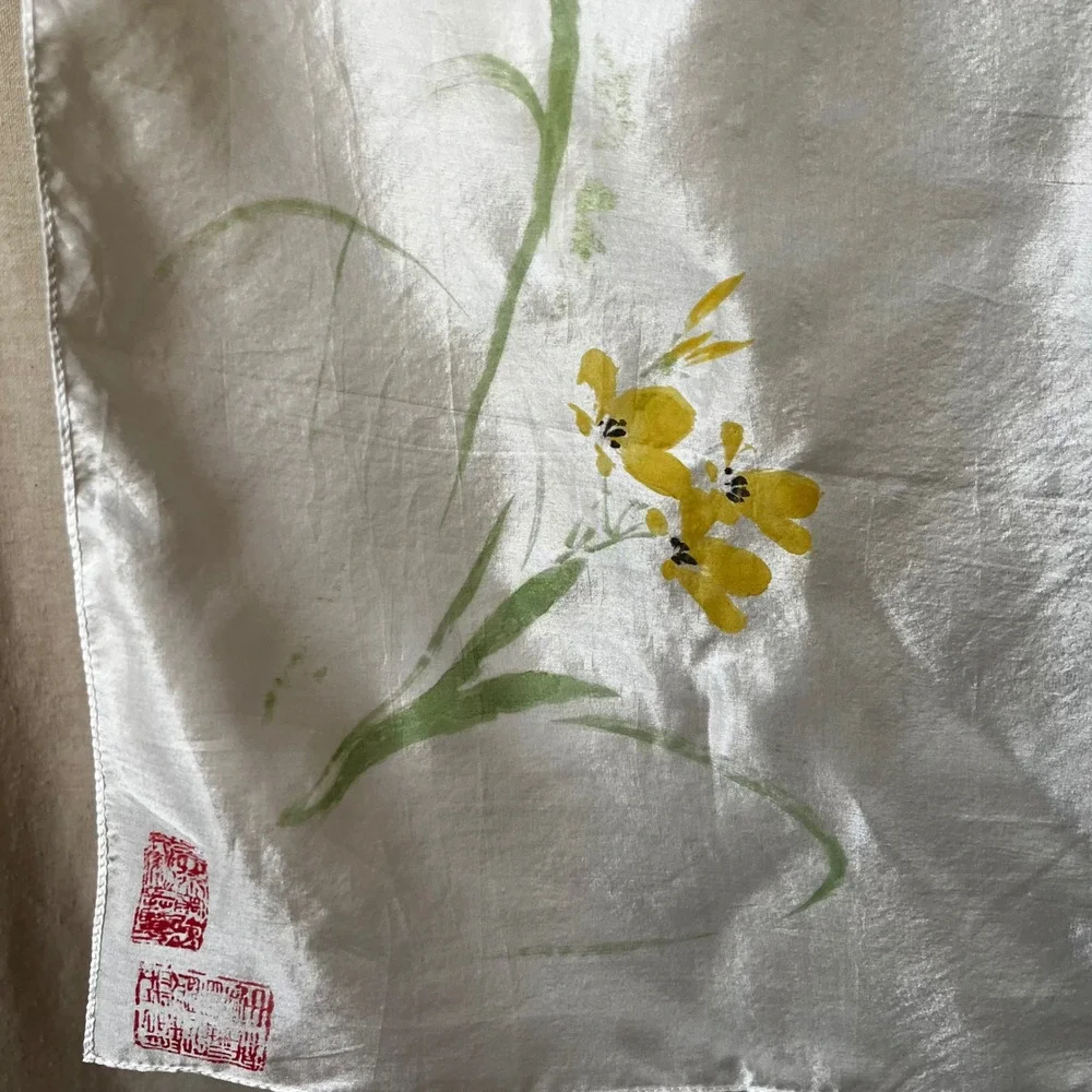 Vintage Hand Painted Silk Scarf White Floral Asian Art Signed 29x29